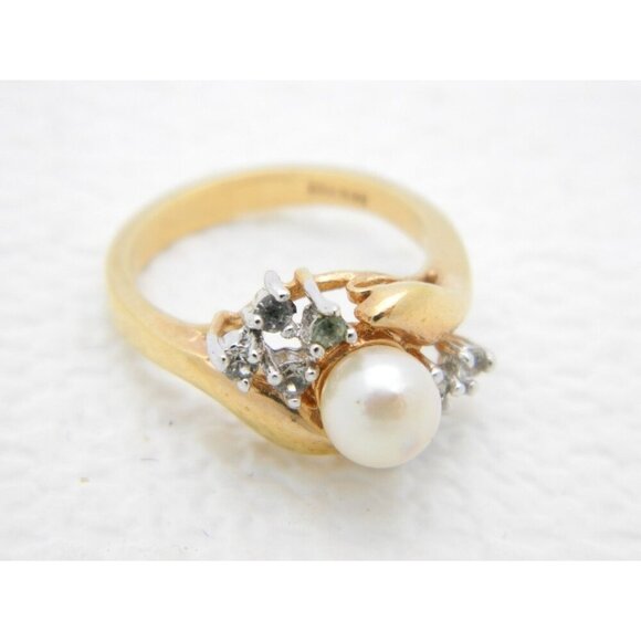 14k H.G.E. Gold Genuine Pearl Clear Rhinestone Ring Size 5.25 - Picture 2 of 4